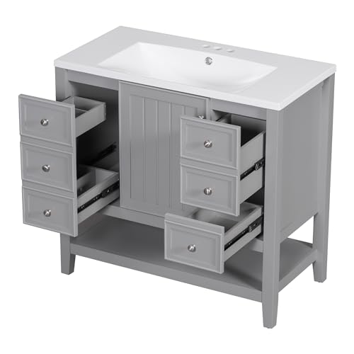 Image of Favfurish 36 inch Bathroom Vanity with Ceramic Sink,Undermount Single Basin Bath Vanity Set w /Soft-Close Door and 3 Drawers,Modern Freestanding Storage Cabinet w /Open Shelf,Solid Wood Frame,Grey