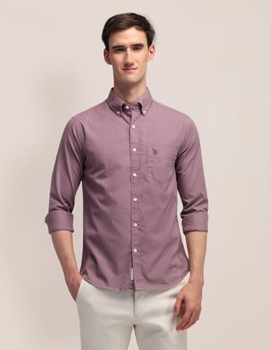 Image of U.S. Polo ASSN. Solid Slim Fit Shirts for Men - 100% Cotton, Full Sleeve Mens Casual Shirts