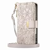 HAOFUGUI Wallet Case for Oppo A5 Pro 5G, Floral Embossed PU Leather Phone Cover with Card Holder/Crossbody Strap/Stand, Shockproof Protective Case for Women Girls-Off White