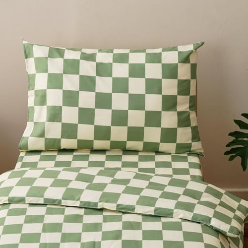Image of CLOTHKNOW 4Pieces Plaid Toddler Bedding Sets for Boys Girls, Green White Grid Checkerboard Pattern, Soft Crib Bed Set Including Comforter, Flat Sheet, Fitted Sheet and Pillowcase