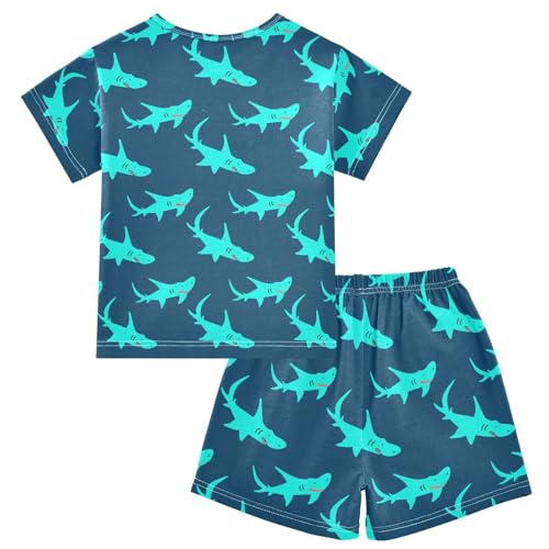 Cartoon Sharks Navy Pajama Set Short Sleeve Summer Pajamas Sleepwear Nightwear Set Cotton 5Y2