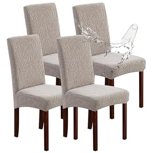 Genina 100% Waterproof Chair Covers for Dining Room Set of 4, Stretch Parson Chair Slipcovers for Kitchen Chairs, Washable Chair Protectors, Leaves-Warm Gray