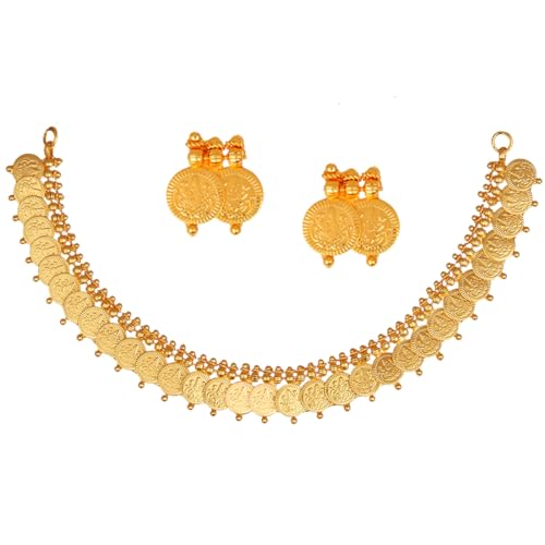 ZENEME Jewellery Set Gold Plated Laxmi Temple Coin Necklace Set With Earrings Jewellery For Women & Girls
