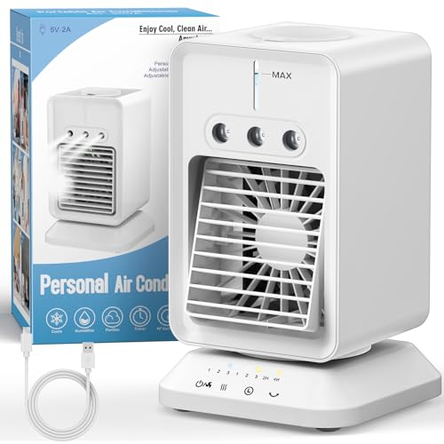 HIFRESH Mini Cooler for Room w/Auto Rotate, 3 Spray Modes, Cold Air, Mini Fan w/Top Ice Chamber, 1/2/3/4H Timer, USB Compatible Air Cooler for Room Cooling, 3 Speeds Small AC, Low Power Consumption