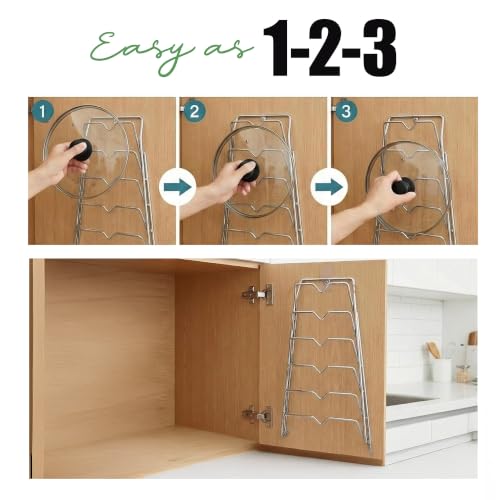 Evelots 6 Pot Lid Organizer for Cabinet Door or Pantry Wall - Closet Door Pots and Pans Lids Holder - Glass or Metal Pan Covers Cabinet Organizer Kitchen Storage - White 6 Tier Lid Rack - Image 6