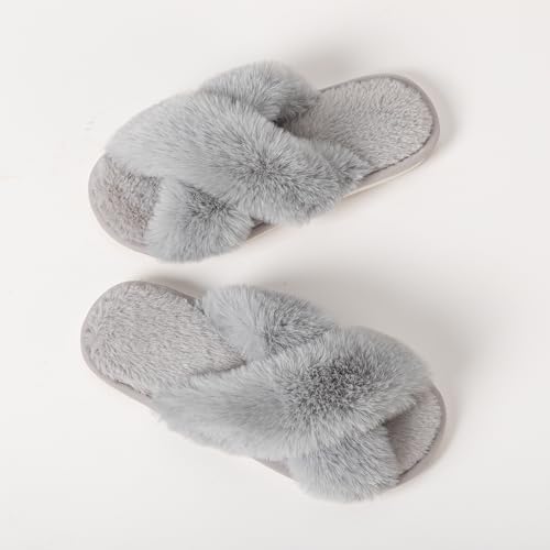 Image of Enteer Women's Slipper Memory Foam Cross Band Fuzzy Slippers Open Toe Cozy House Slippers Cozy Plush Bedroom Indoor Outdoor