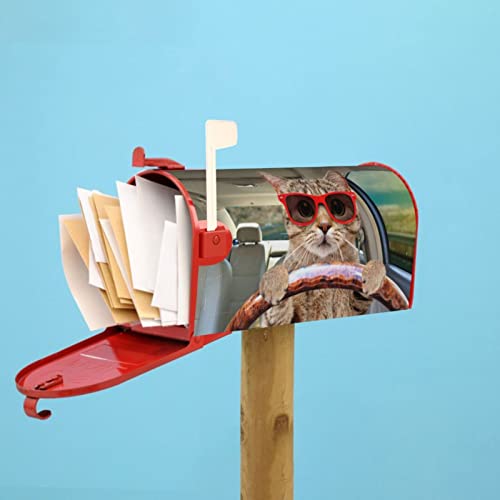 Magnetic Mailbox Cover Fun Cute Cat Driving Car Post Box Cover Wrap Decoration Garden Outdoor Standard Size 21 X 18 In #TOP6