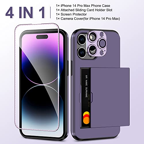 Samonpow 4-In-1 Iphone 14 Pro Max Case With Screen Protector & Camera Cover Full Body Hybrid Iphone 14 Pro Max Case Wallet Card Holder Shockproof Protective Case For Iphone 14 Pro Max For Women Men #TOP1