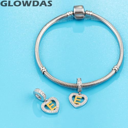 Image of GLOWDAS 18K Gold Plated Letter Charms Initial A to Z Necklace Pendant, 925 Sterling Silver CZ Heart Dangle Alphabet Beads fit European DIY Bracelet, Gifts for Valentiens /Christmas /Family