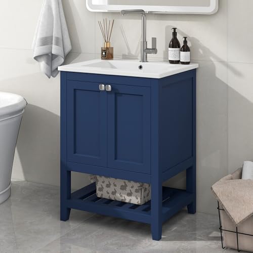 SHUGUANG Meuble Salle de Bain avec Vasque en Céramique, Meuble sous Lavabo, Meuble Vasque avec 2 Portes et étagère Ouverte, Beaucoup d'espace de Rangement,...