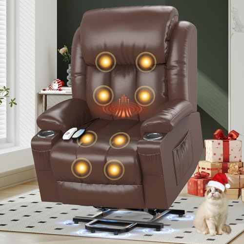 YONISEE Fernsehsessel Massagesessel Elektrisch Relaxsessel mit Liegefunktion Aufstehhilfe, Massage Heizung, Fußteil, Getränkehalter 4 Seitentaschen,TYP C & USB-Anschlüsse Leder Ses