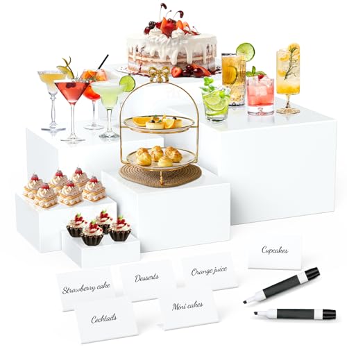 6 Pcs Buffet Risers with Mini Sign and Maker, Food Risers Display Stands for Buffet Table Party Catering Dessert Jewelry Collectibles, Nesting Cube Boxes with Hollow Bottoms (8