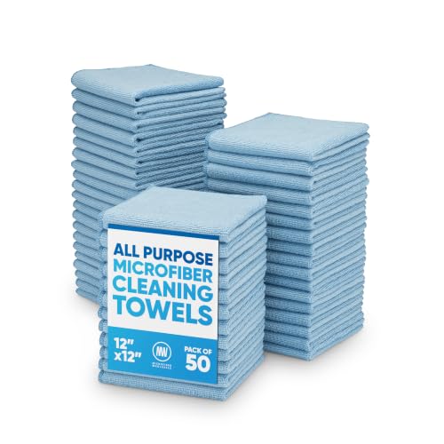 12" x 12" Microfiber Cleaning Cloths (50 Pack) - Reusable Towels, Wash Rags, Dust Cloth, All-Purpose: Kitchen, Dish, Cars, Shop, Glass (Blue)