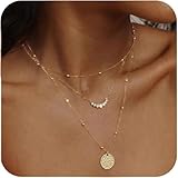 3 Piezas Collar Layered Mujer Oro Cadena de Bolas Metálicas Con Cristal Media Luna y Colgante Zirconia Punto Collar Boho Choker Con Colgante Disco Martillado Dorado para Mujeres y Niñas