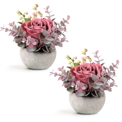Lovmeety 2 Pack Mini Potted Flowers, Pink Rose Artificial Flowers in Pot Fake Greenery Potted Plants Desk Shelf Decor for Home Office Living Room Bathroom
