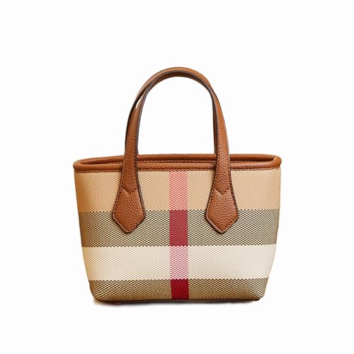 Waiyqju Small Size Luxury Plaid Canvas and Leather Women's Top Handle Tote for Everyday Play Shoulder Bag Mini Satchel