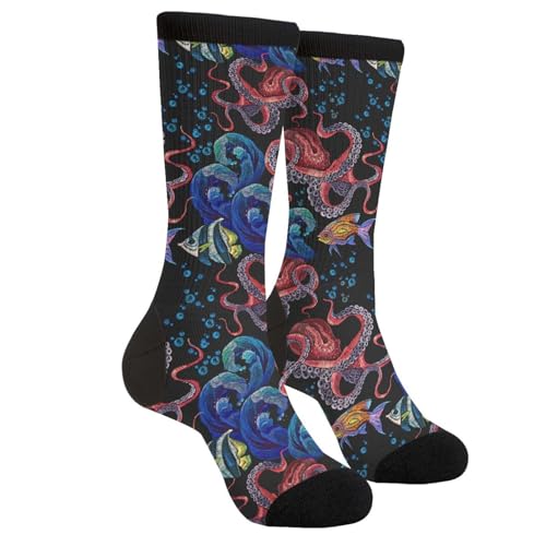LUMANSITTER Novelty Fun Crew Socks Fashion Comfortable Men And Women Crazy Dress Socks, Cute Octopus Tropical Sea Wave Red Octopus Octopuses Ocean, 1