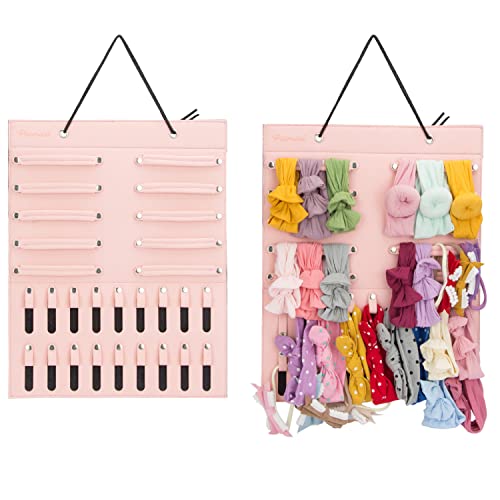Image of PACMAXI Hanging Baby Girl Headbands Storage Organizer, Newborn Headbands and Bows Holder(10 Snap Band+18 Snaps,Pink)