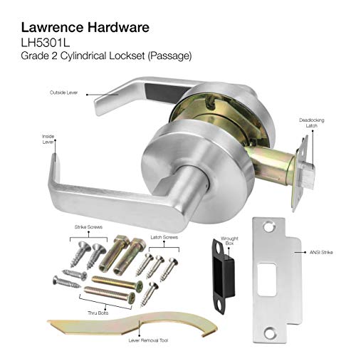 Lawrence Door Handle Cylindrical Lock Passage Function-No Keys Brushed Chrome (Us26D) Finish Lh5301L Non-Handed Ul Certified Ansi/Bhma Grade 2 Commercial Door Lock For Heavy Duty Use #TOP2
