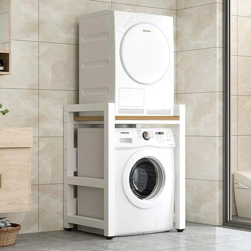Mueble Lavadora Secadora Mueble para Lavadora Altura Ajustable Vertical Capacidad de 350kg Estantería Lavadora sin Montaje en Pared o Perforación (Nogal, Marco Blanco)