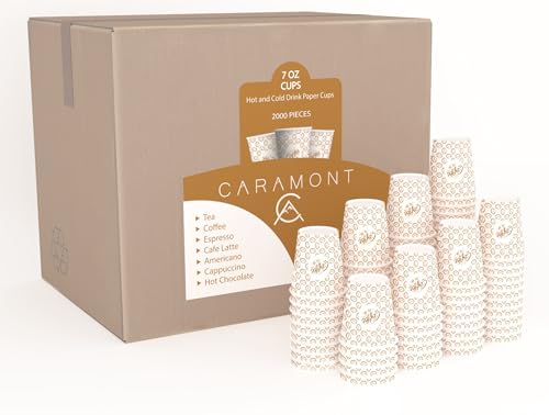 Caramont,7 Oz 2000 Gobelets en Carton,Jetables,Résistant à la Chaleur,pour la Boisson Froide et Chaude en Carton de Qualité,Ideal pour Café,Thé,Anniversaire,etc (2000)