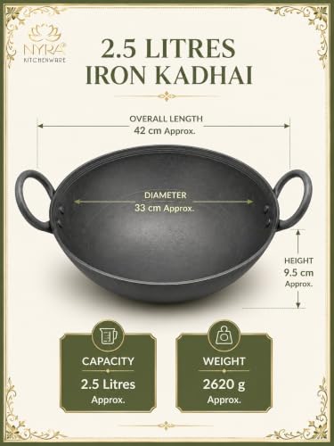 Image of NYRA Natural Traditional Black Iron Kadhai for Cooking Handmade Heavy Base Loha Kadai Lokhand /Lokhandi with Handle (Extra Large - 2.5 LTR)
