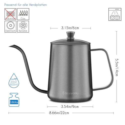 Easyworkz Gage Gooseneck Pour Over Kaffeekanne 600ml, Edelstahl, Schwanenhals, Langer Auslauf, Handtropfkessel – Ansicht 3