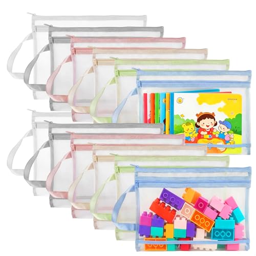 Dengthrive Toy Storage Bags: 12pcs A4 Double Layer Nylon Mesh Zipper Pouch Bags (6 Colors) with Handle Used for Puzzle Building Block Toy Storage and Organization Suitable for School Offices