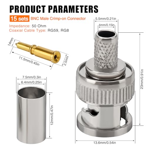 KUOQIY 15 Stücke BNC Crimpstecker für RG59 RG8 Koaxialkabel, BNC Männlich Adapter für CCTV Kamera, Inklusive Stecker, Pin, Ferrule