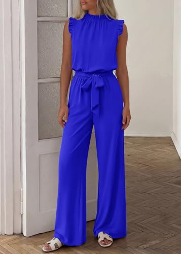 KIRUNDO Jumpsuits For Women Dressy Summer One Piece Sleeveless Ruffle Mock Neck Belt Pockets Formal Wide Leg Pants Romper(Royal Blue, Large) — view 2