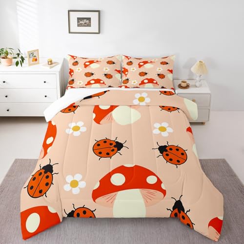 Erosebridal Cute Mushroom Comforter Set Full,Red Cartoon Ladybird Pattern 3 Piece Bedding Set for Kids Boys Girls Youth Bedroom Decor,White Daisy Floral Duvet Insert Kawaii Ladybugs Quilt,Biege