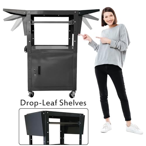 AV Cart with Locking Cabinet and Keyboard Tray Height Adjustable Utility Cart with Extra Storage,Computer Cart with Wheels and Power Strip for Presentations Office Holds 300 Lbs(Black/43”x18”x43”)