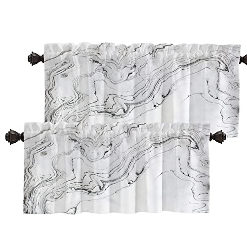 Batmerry Abstract Marble Kitchen Valances Half Window Curtain, Marble Pattern Gray White Marbled Stone Background Kitchen Valances For Windows Valance For Decor Reducing The Light 52X18 Inch #TOP9