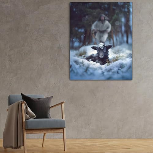 Image of Jesus and Lamb Canvas Wall Art Jesus Runs for the Lost Sheep In Winter Forest Picture Wall Art Canvas Print Christian Home Decor 12x16 inch
