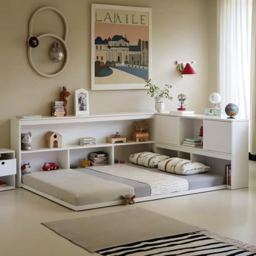 PVWIIK Full Size Floor Daybed with L-Shaped Bookcases for Bedroom, Dorm,Wood Bed Frame with Storage Shelves,Floor Corner Bed for Kids Teens Adults, No Box Spring Needed, White