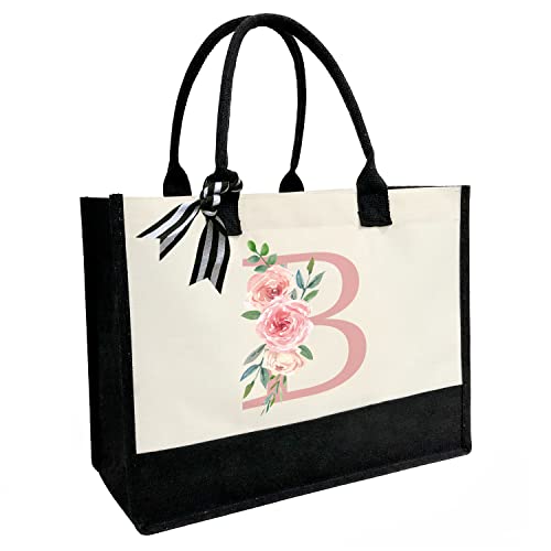 Personalisierte Initial Leinwand Strandtasche, Leinwand Tragetasche mit Innentasche mit Reißverschluss, doppelte Schultergurte monogrammierte Jute-Tasche für tägliche Arbeit und Reisen, Einheitsgröße