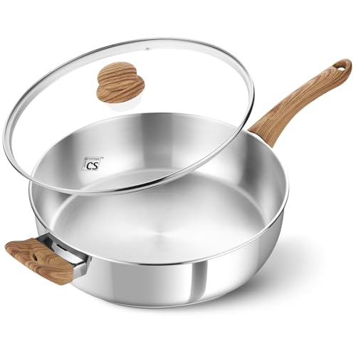 Image of KOCH SYSTEME CS Stainless Steel Saute Pan 12 Inch, 6 Quart Deep Frying Pan with Lid, 18/10 Stainless Steel Saute Pan with Cool-Touch Bakelite Handle, Deep Fry Pan, Induction Ready