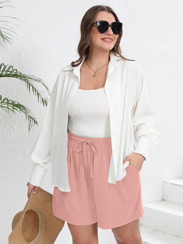 AusLook Plus Size Women's Casual Comfy Wide Leg Shorts Pink 3X Lightweight High Waisted Adjustable Tie Knot Loose Summer Baggy Short Pants with Pockets — view 5