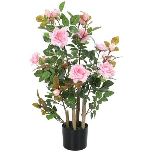Image of HOMCOM 90cm Artificial Rose Tree, Decorative Fake Plant with 344 Silk Leaves and 17 Flowers, UV-Resistant Faux Tree for Outdoor Indoor Garden Porch Decor, Pink