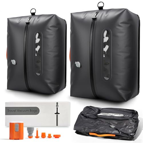 Seaflash Vacuum Travel Bags with Pump, 2 Pack 34L Space Saver Vacuum Compression Bags for Travel Luggage Suitcase Backpack, Waterproof & Reusable Vacuum Packing Cubes for Clothing（2Pcs+Pump)