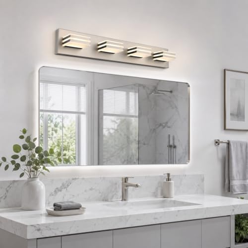Image of 4-Light Brushed Nickel Bathroom Vanity Light, 27 Inch 32W 5CCT Dimmable LED Wall Fixture, Hardwired Over Mirror Lighting with Clear Acrylic Shade for Bathroom Remodel