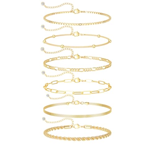 DEARMAY 14K Gold Plated Bracelets for Women Jewelry Sets Stack Trendy Dainty Stackable Paperclip Rope Snake Box Figaro Chain Bracelets Pack Costume Fashion Gifts
