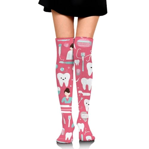 Meaudiwes Fashion Dress Decor Socks, Soft Travel Knee High Stockings, Sport Baseball Compression Socks Gift Socks For Women Men Teeth Dental Seamless Pattern Pink