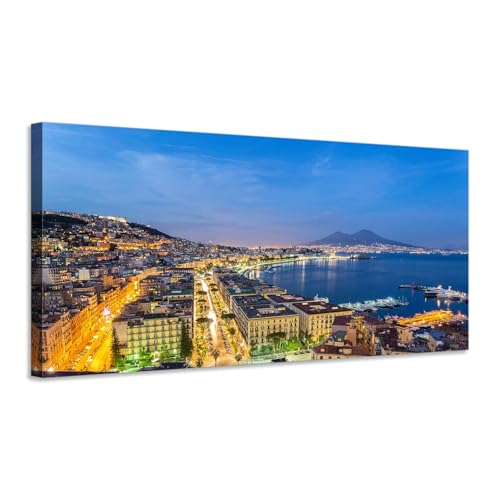 Panorama Napoli di notte con Vesuvio – quadro stampa su tela con telaio in legno - 80x40 cm
