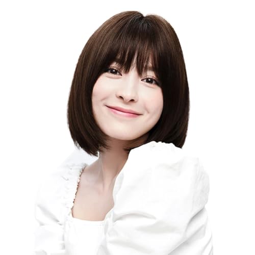 Rebecca Youth ウィッグ ボブ 人毛 医療用 女性用 フルウィッグ ショートストレート 女装 黒髪 均一カット前髪 通気 自然 人気 エレガントでスタイリッシュ (ダークブラウン, 28CM)