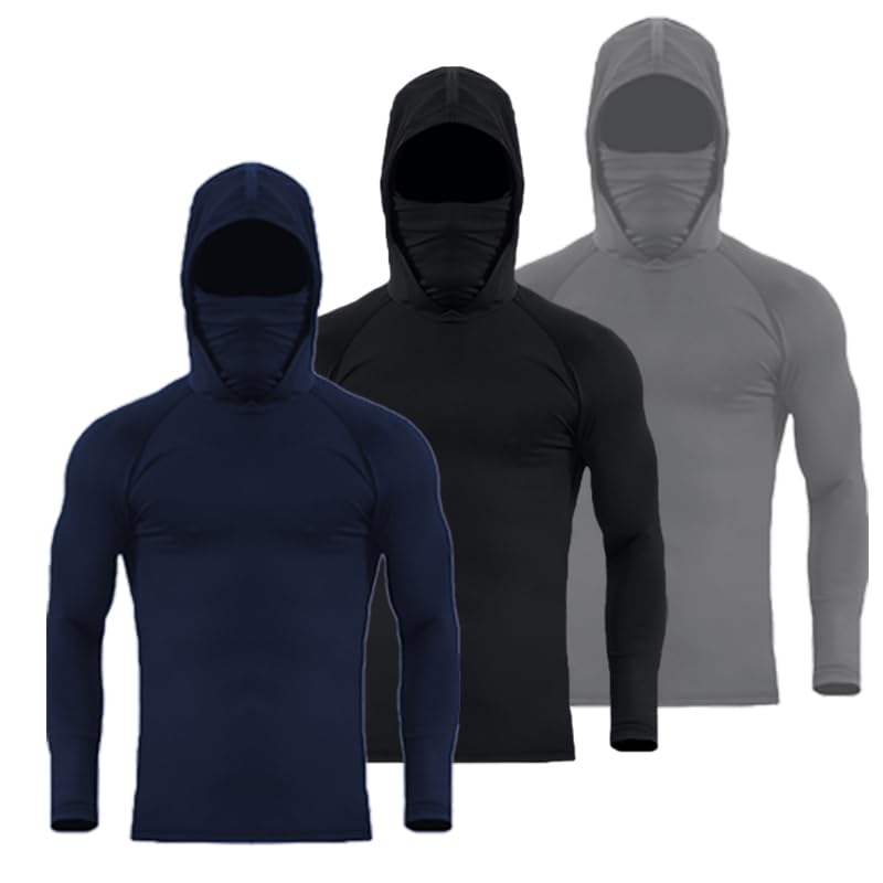 Men's UPF 50+ Sun Protection Hoodies, Long Sleeve Moisture Wicking Shirts with Face Mask for Fishing, 3 Pack