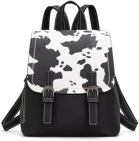 Montana West Black Cow Print Mini Womens Backpack Purse Vegan Lea...