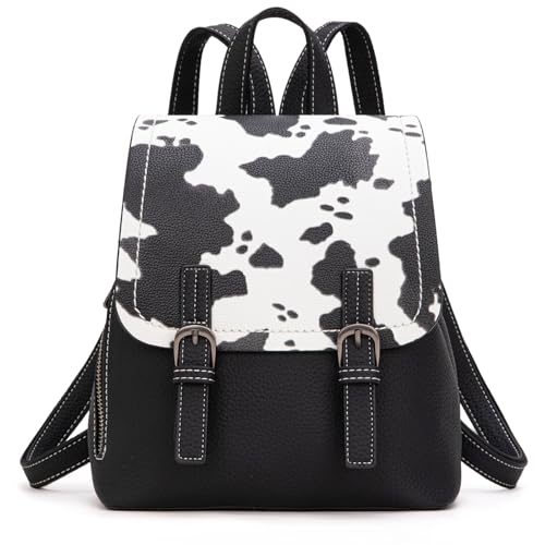 Montana West Mochila feminina pequena, de couro vegano, com aba, linda bolsa de ombro conversível, Estampa de vaca preta, Small, Mochila pequena