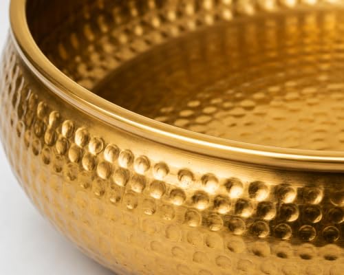 Image of Hammered Iron Metal Decorative Bowl with Golden Finish, 12 Inch Large Urli Bowl for Home Decor, Floating Flowers & Tea Light Candles, Center Table Diwal Decor & Festive Gifting