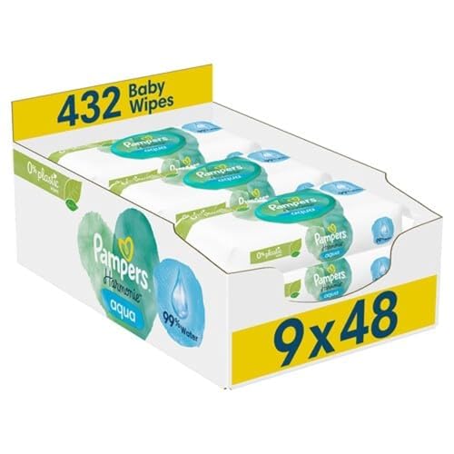 Pampers Harmonie Aqua Toallitas húmedas 9 paquetes de 48 toallitas húmedas cada una - 432 toallitas húmedas que ayudan a restaurar el pH natural de la piel, loción ligera con 99% de agua